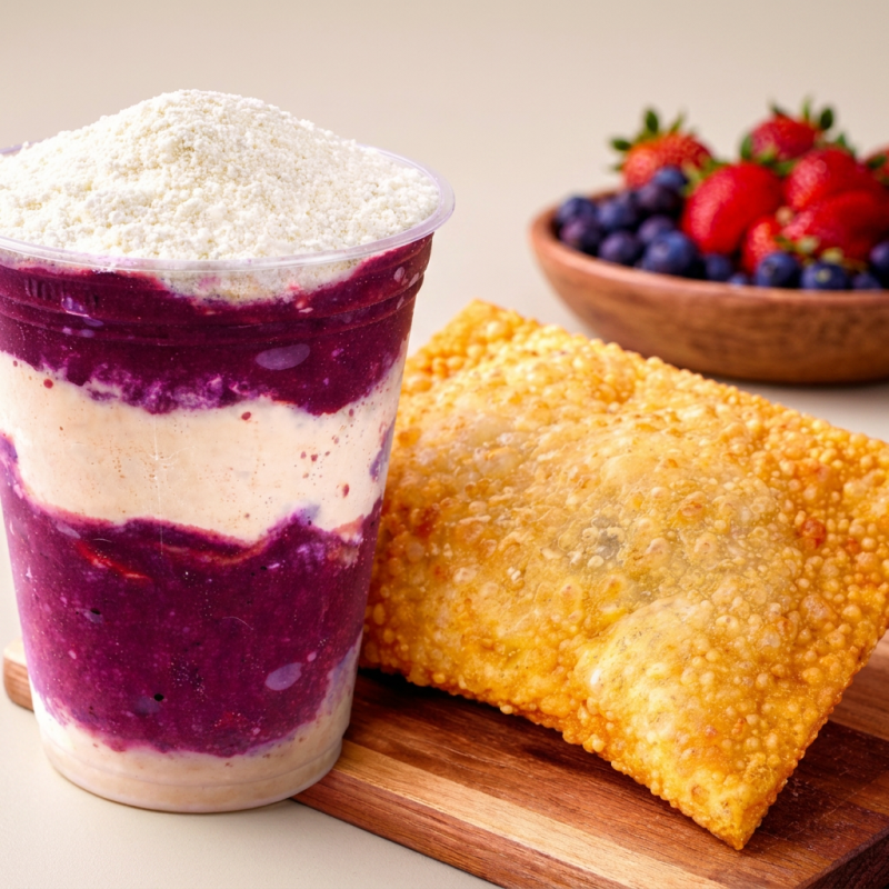 ACAI COM LEITE EM PO, PASTEL PRESUNTO QUEIJO 12cm