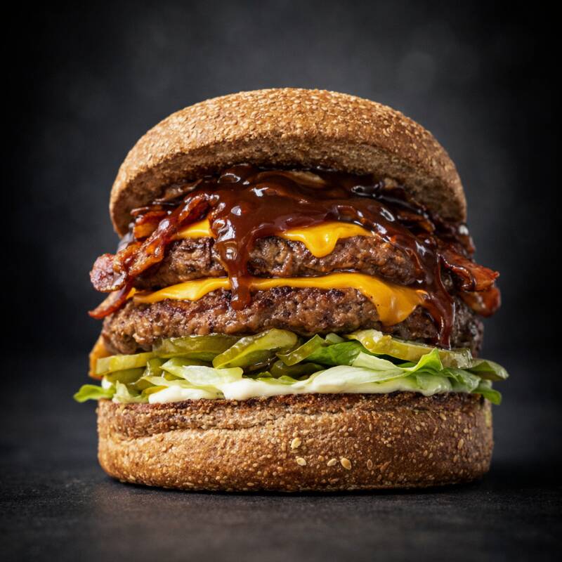 Pão de brioche, maionese Hellmann's, molho tasty, alface americana, pepino agridoce, 2 hambúrgueres artesanais de 120gr, fatias de queijo cheddar, fatias de bacon crocante, nossa cebola caramelizada e molho barbecue.