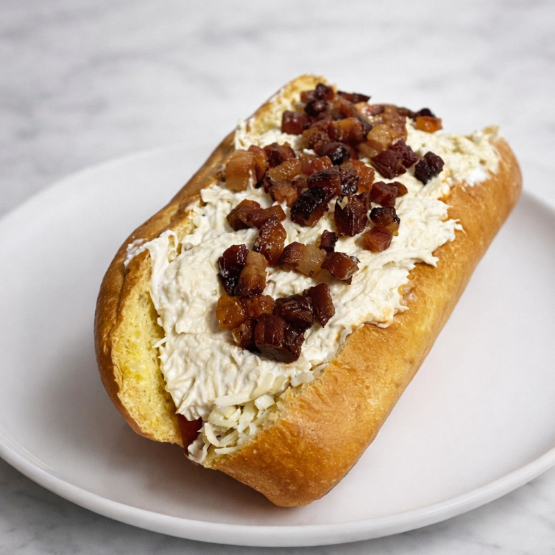 2 Salsichas, molho de tomate, purê de batata, muçarela, frango com cream cheese e bacon.