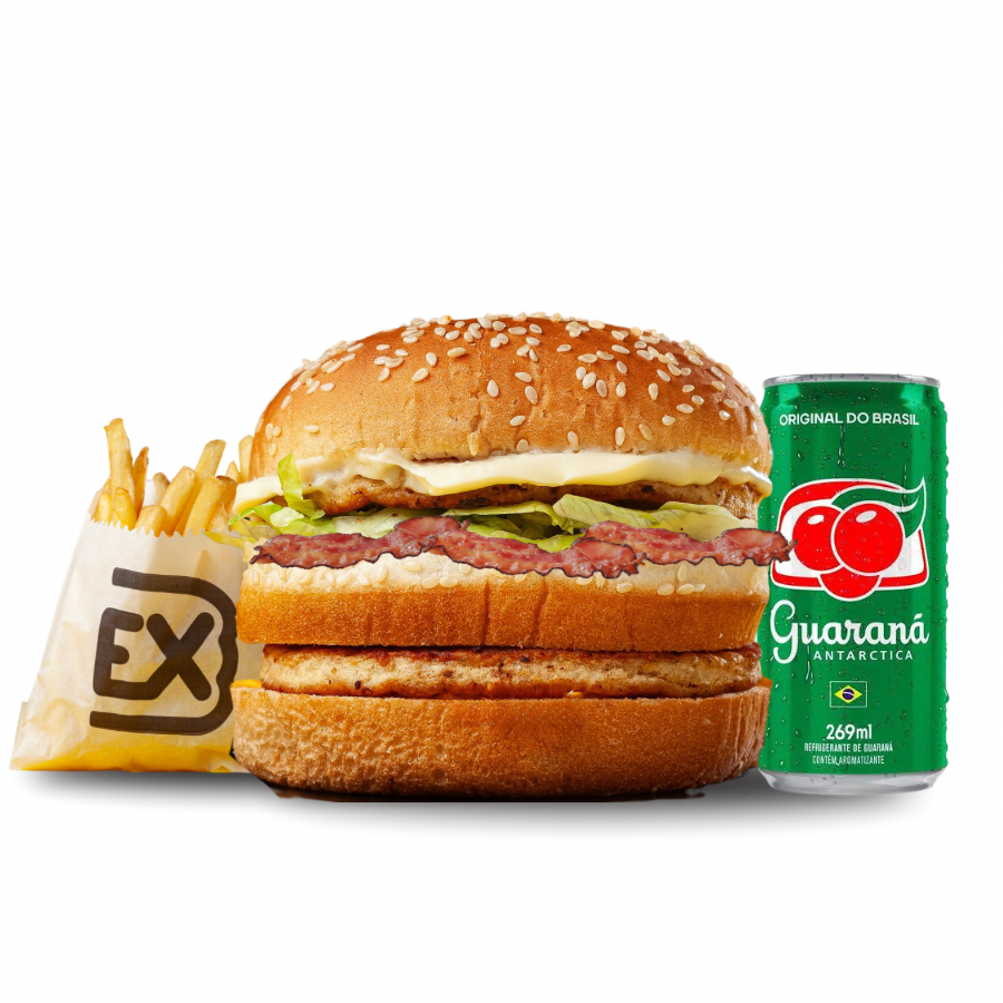 Delicie-se com o 'Ex 9 - Big Chicken Bacon' da categoria 'Combos Individuais'. Este combo traz para você duas generosas porções de hambúrguer de frango, perfeitamente grelhados e complementados com crocante bacon, alface fresca e nossa cremosa maionese caseira. Acompanha uma porção de batatas fritas, crocantes por fora e macias por dentro, e uma bebida refrescante (refrigerante, conforme disponibi