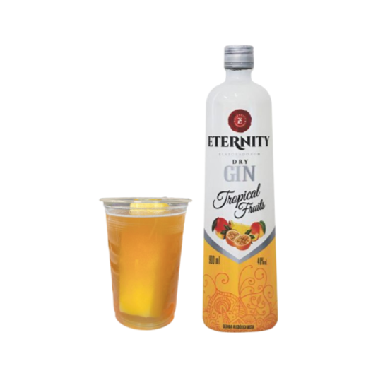 Dose de gin Eternity Sabor Tropical, uma Garrafinha de 200ml com Gin, Energético Baly em uma Garrafinha de 300ml e 1 Gelo de Maracujá
