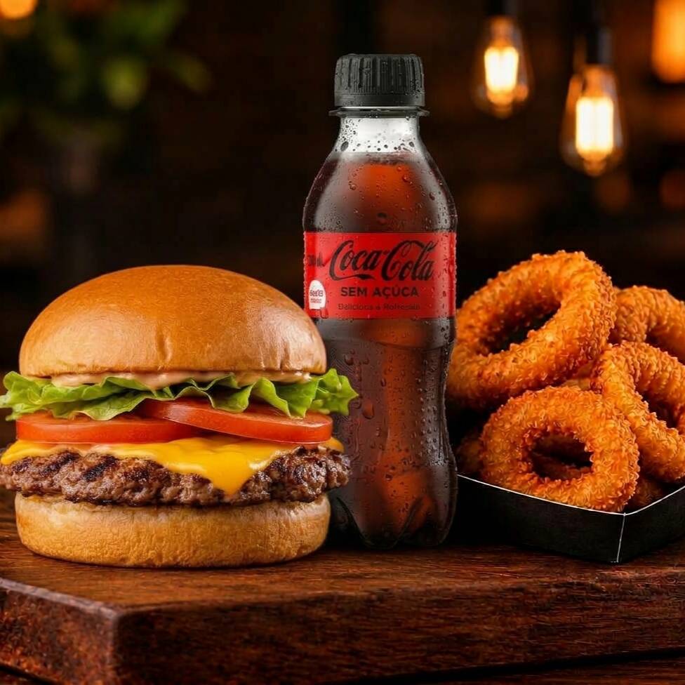 O combo inclui: Burger (Pão brioche, hambúrguer 100g, queijo cheddar e molho verde) + Porção Onion Rings(cebola empanada) + Refri 200 ml. A pedida certa para matar a fome!