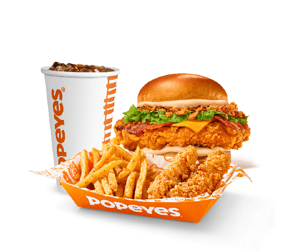 Sanduíche Cebola Bacon Frango +Ffrango a sua escolha + Fritas Cajun + Bebida a sua escolha!
 
Cebola Bacon Frango: filé 100% peito de frango empanado e crocante no pão brioche com alface, cebola crispy, tiras de bacon, queijo cheddar e molho Louisiana.