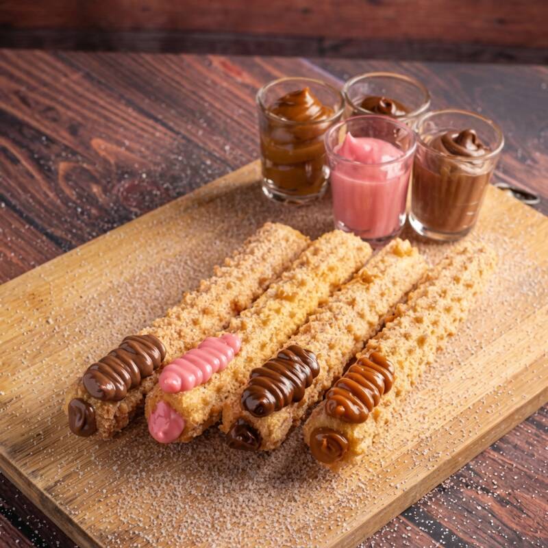 Desfrute do nosso 'Combo Churros Tradicional (04 unidades)', o carro chefe e destaque do mês! Selecione quatro sabores incríveis para marcar seu momento. Nossos churros, feitos na hora, são excepcionalmente sequinhos e envolvidos em uma mistura perfeita de açúcar e canela. O recheio, generoso e irresistível, é cuidadosamente inserido apenas pelo interior, garantindo a melhor experiência a cada mor