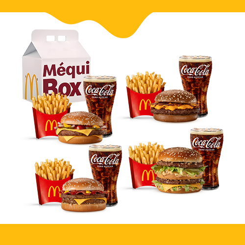 São 4 Mcofertas para você compartilhar com quem preferir #Méquinosofá. Escolha 4 (quatro) sanduíches entre as opções: Big Mac, Cheddar McMelt ou Quarterão com Queijo, 4 (quatro) McFritas Médias e 4 (quatro) bebidas. Imagem Meramente Ilustrativa.