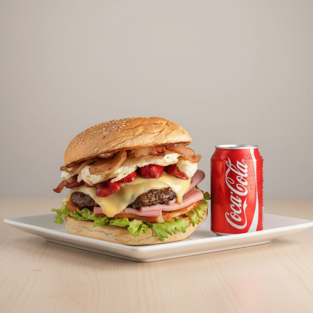 Hambúrguer Bovino, queijo, bacon, ovo, salsicha, alface, tomate, milho e batata palha, acompanhado de refrigerante lata. Peça agora! + Coca-Cola Lata 350ml