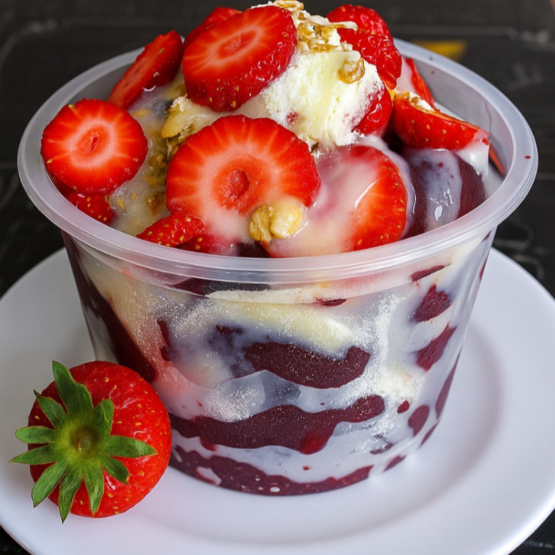 Açai com morango , granola , leite condensado, leite em pó