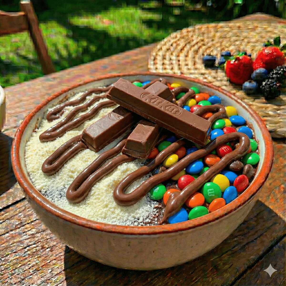 Açaí KitKat Explosion - KitKat, Leite em pó e Confete A escolha ideal pra quem ama chocolate. Açaí cremoso com leite em pó, confete, calda de chocolate e finalizado com KitKat. *Imagem ilustrativa