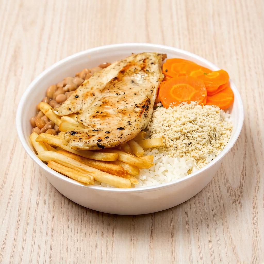 Nossa deliciosa marmitex, acompanha arroz,feijão, refogado do dia e batata frita.