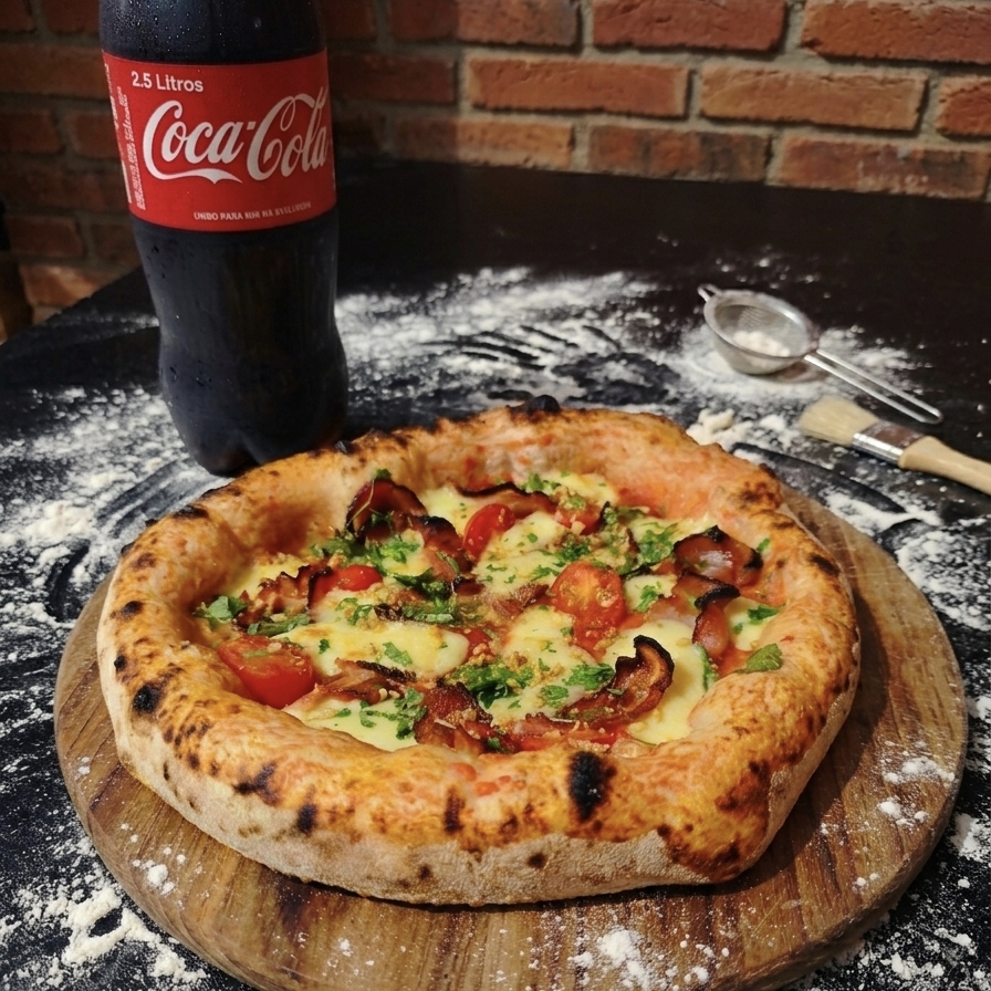 Massa de longa fermentação, molho artesanal, mussarela, bacon, tomate cereja, manjericão, finalizada com alho frito, cheiro verde e alho frito. Acompanha Coca-Cola 2,5l