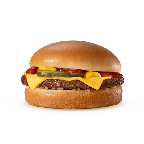 Um hamburguer (100% carne bovina), queijo cheddar, cebola, picles, ketchup, mostarda e pão sem gergelim