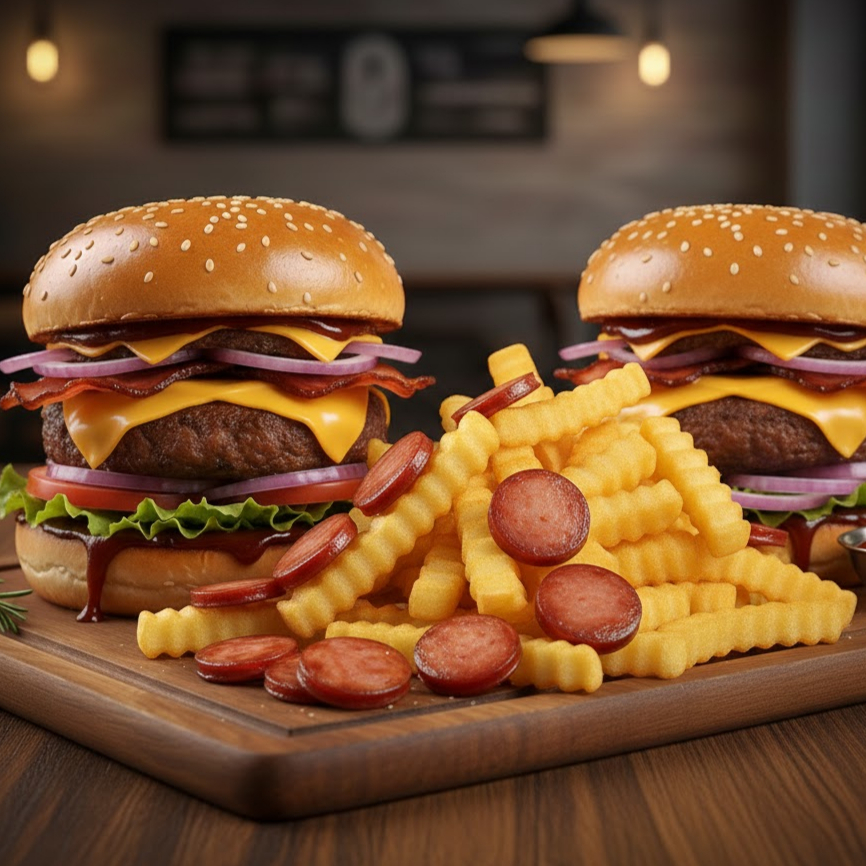 2 hamburguer com: carne artesanal, queijo, bacon, cebola, tomate, alface e barbecue. + 350g de batata frita e + 100g de calabresa.