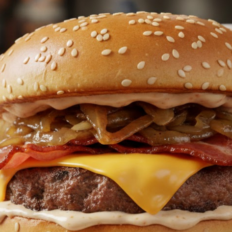 pão tradicional, 1 blend de 130 g de carne, 1 fatia de queijo cheddar, cebola caramelizada e molho