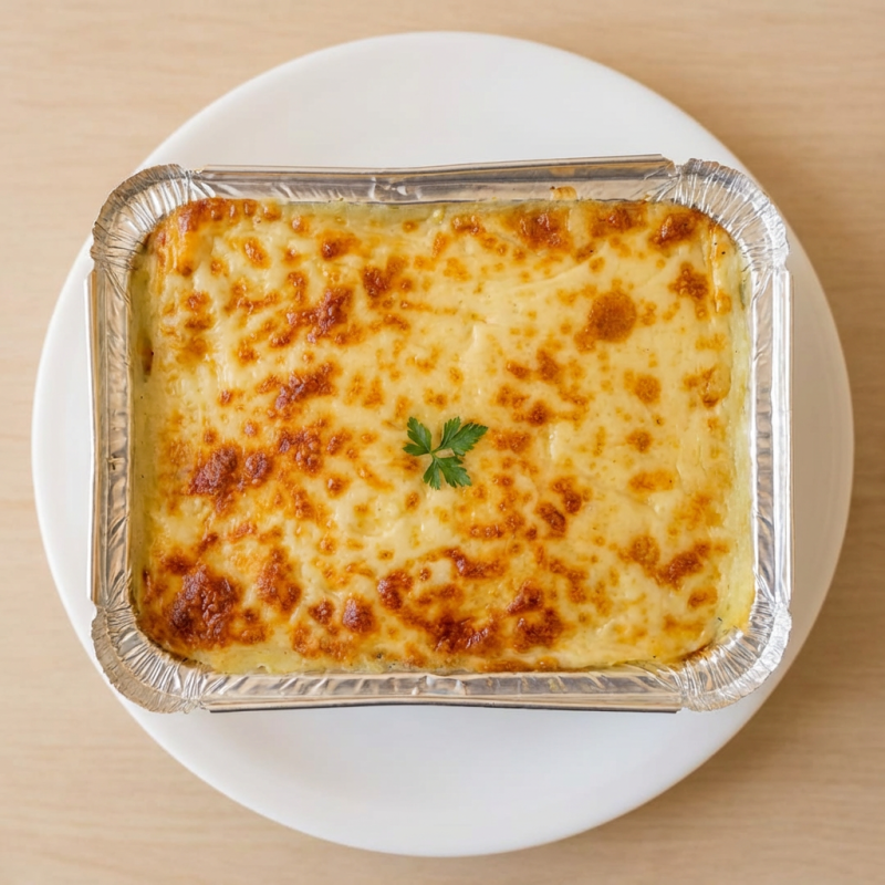 Escondidinho de frango desfiado com Catupiry, acompanha arroz branco e batata frita