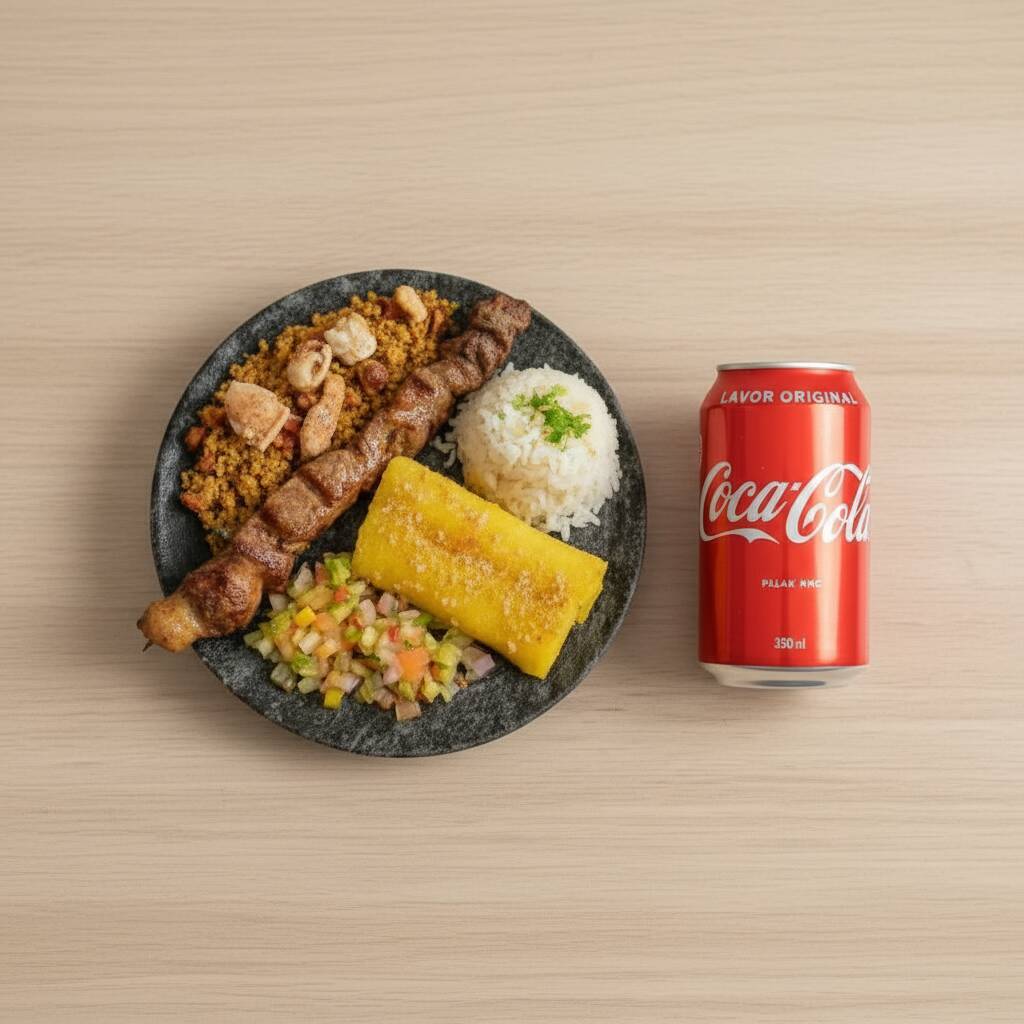 Arroz, Feijão Tropeiro, Espeto, Mandioca, Batata Frita e salada + Coca cola 350ml