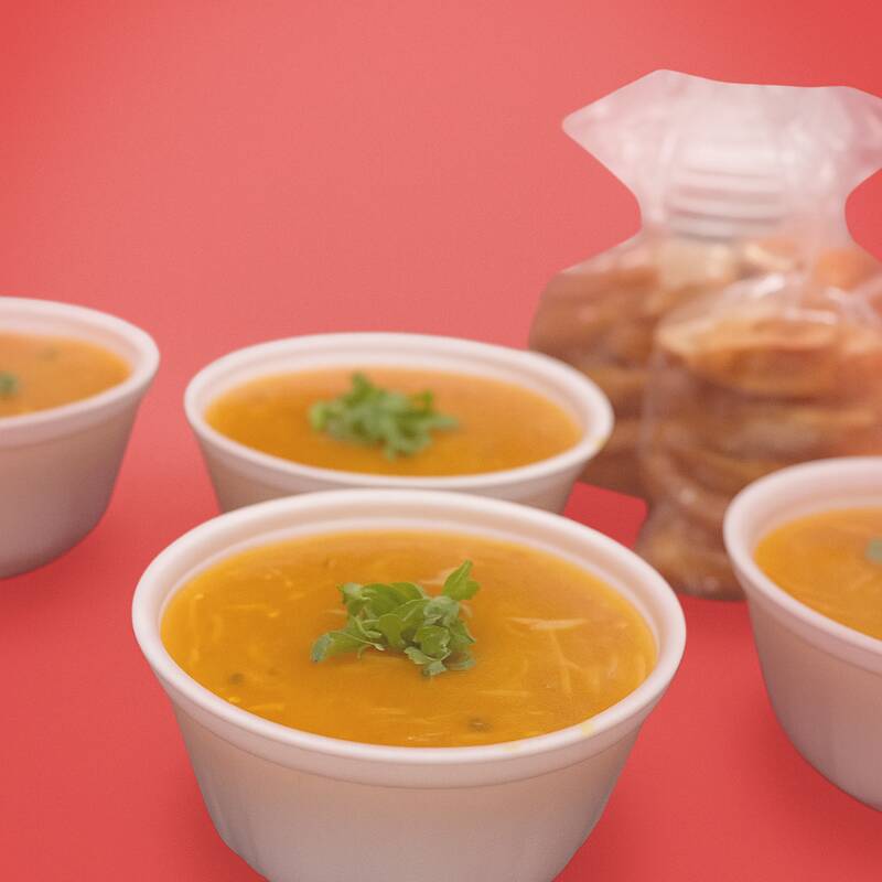Caldos preparados com temperos especiais. Vão quentinhos e acompanhados com coentro.