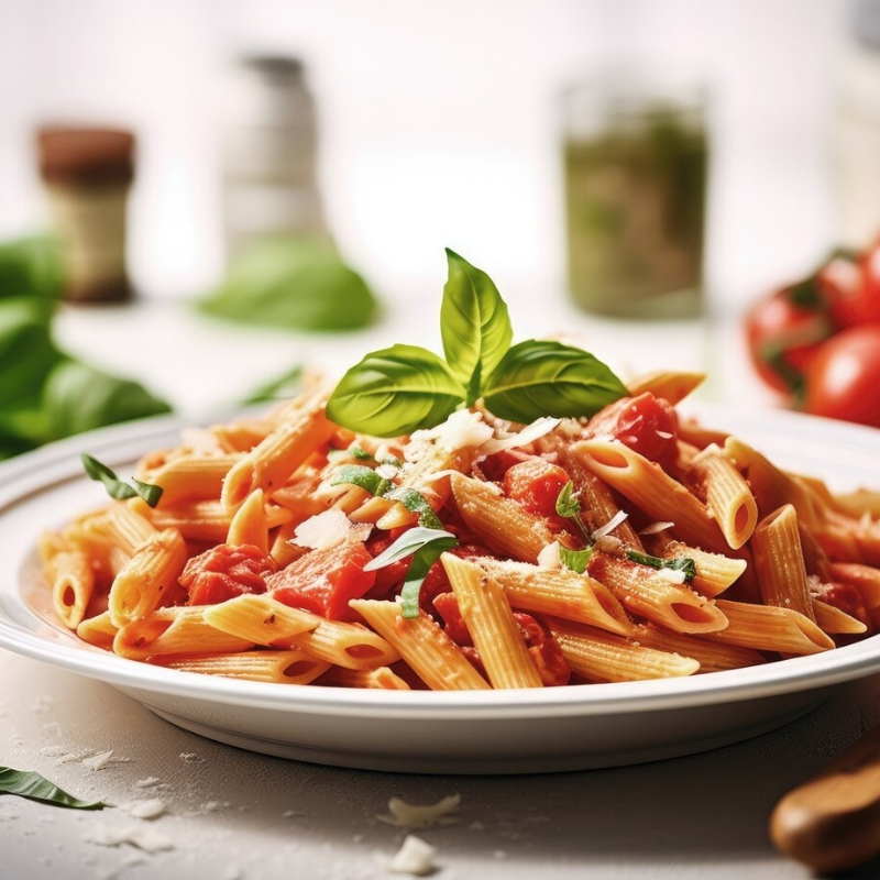 Penne Rigate de sêmola, molho pomodoro natural, cebolinha, parmesão ralado