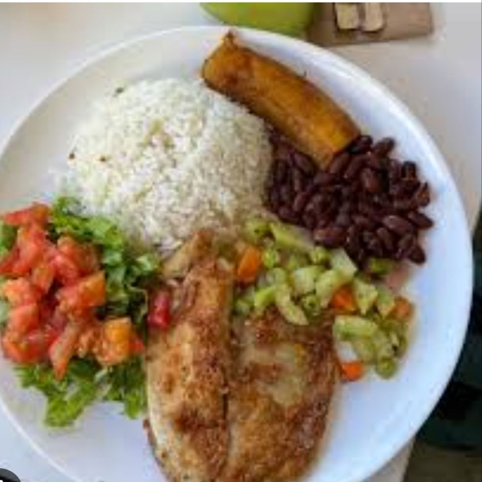 Casado Con Pescado Empanizado al Ajillo y Fresco