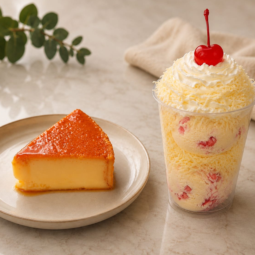Flan caramelo + Vaso helado y Queso