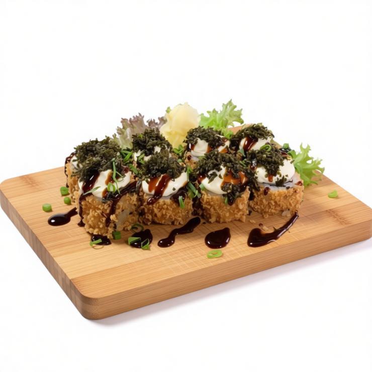 uramaki Salmão grelhado cream cheese e cebolinha empanado e frito com couve frito no top
