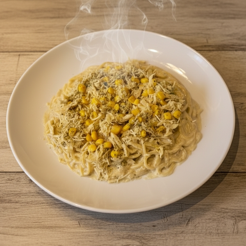 Massa ao molho bechamel com frango desfiado, bacon crocante, milho e mussarela e orégano ou ervas finas.