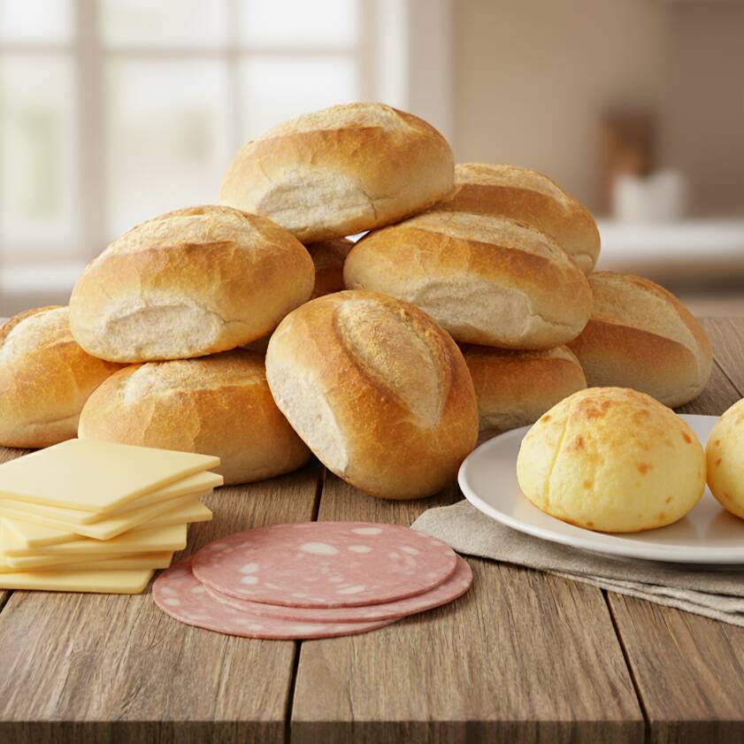 A melhor opção para qualquer hora: 5 Pães + 200g mussarela + 200g mortadela + 2 pães de queijo. *Imagem ilustrativa