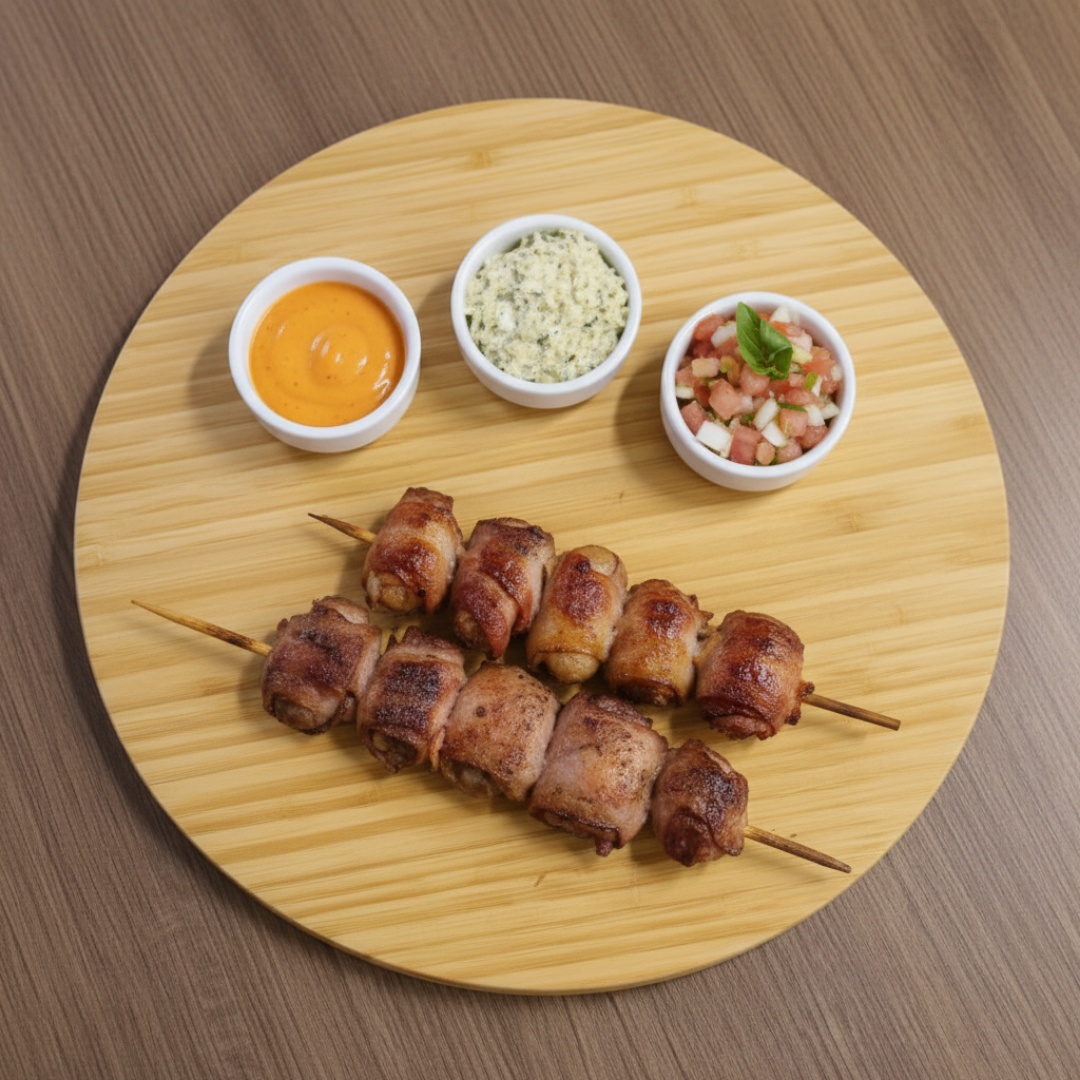 Suculento e cheio de sabor! Nosso Medalhão de Frango é marinado em especiarias, grelhado até ficar macio e dourado, e envolto em uma camada irresistível de bacon crocante. A combinação perfeita de texturas e sabores em cada mordida. Uma opção leve e deliciosa que vai conquistar seu paladar! Acompanha Farofinha E Chimichurri. Os acompanhamentos são cortesia e proporcionais a gramatura do pedido.