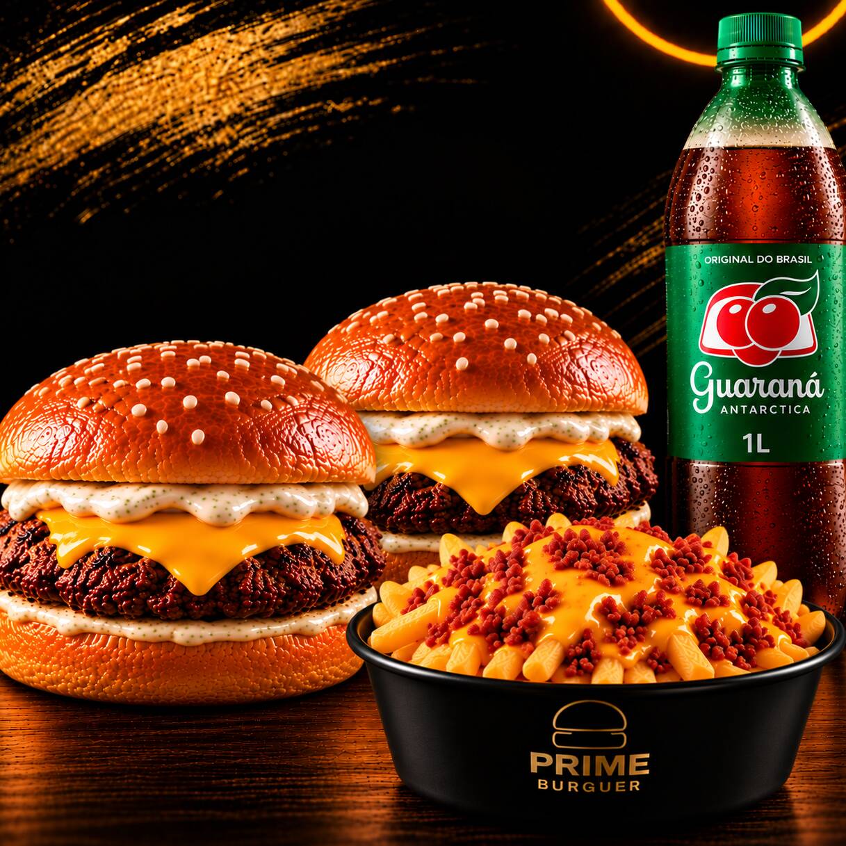 2 prime burguer - 100% artesanal + 1 Batata cheddar e bacon + 1 guaraná 1L