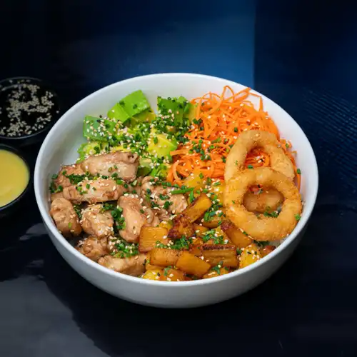 Aros de Cebolla+Poke Pollo Agridulce*3+3 Bebidas