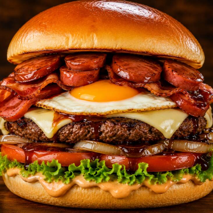Pão amanteigado, carne 130g,muçarela, bacon, calabresa, ovo, salsicha, barbecue, molho especial, alface,tomate e cebola.