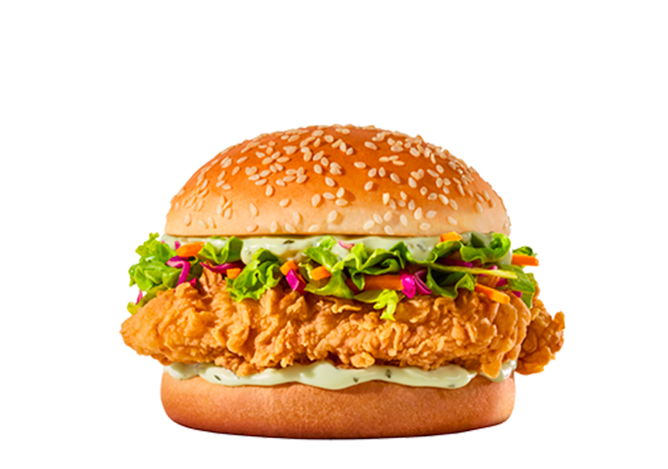 2 tiras de frango, salada e maionese temperada no pão com gergelim.