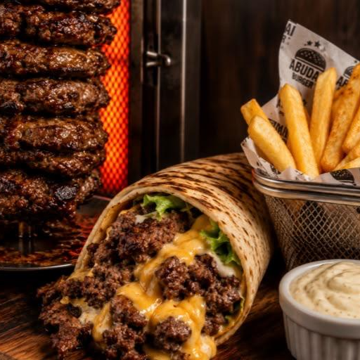 Nosso Shawarma árabe recheado com carne moída , picada em tiras, queijo Mussarela derretido, tomate e alface cebola picadinha, maionese especial e molho de alho caseiro.
