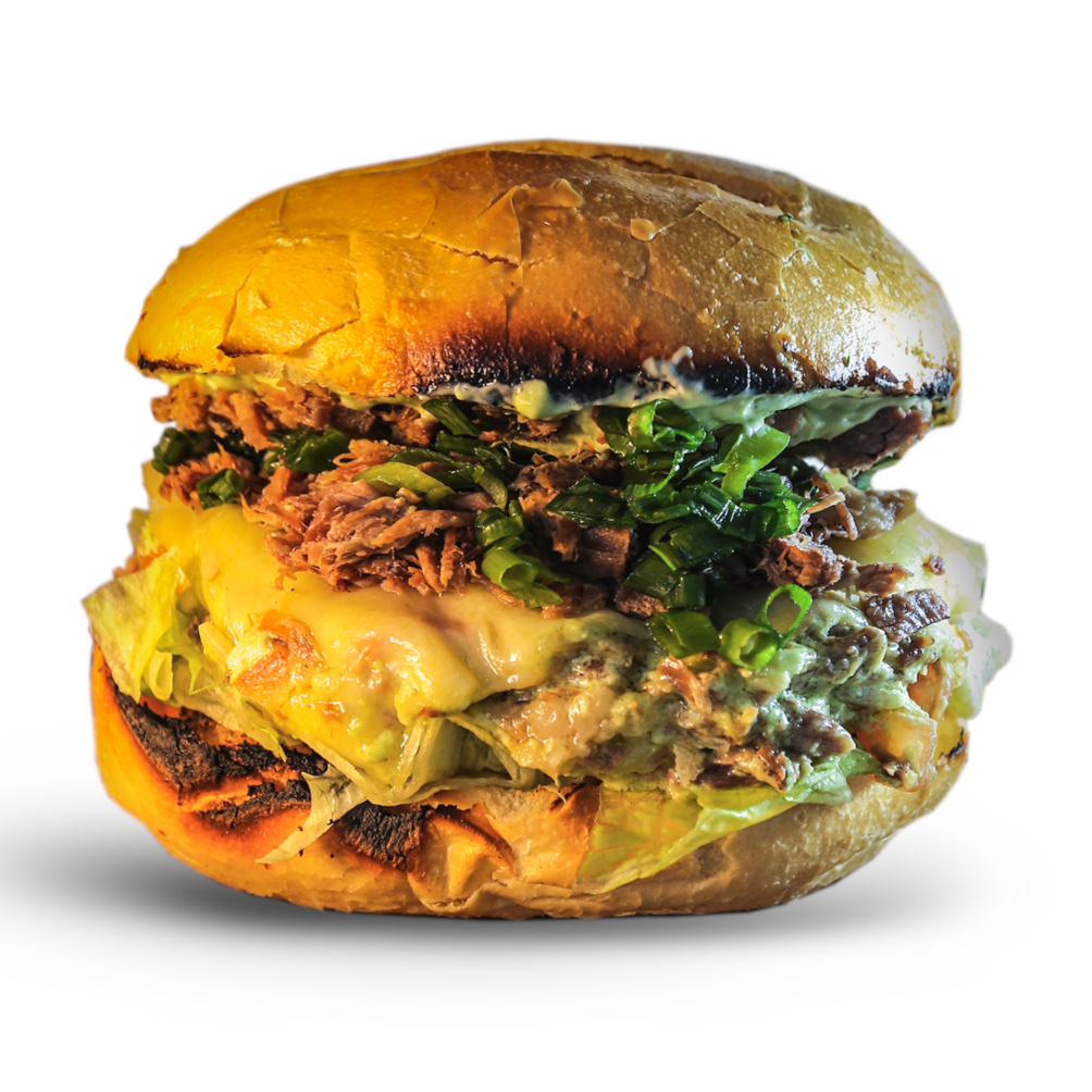 Pão Francês, 100g de Costela desfiada, Alface, Tomate, Cebola, Cebolinha, Maionese verde