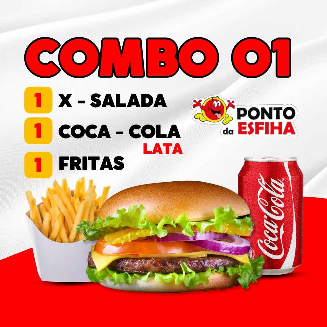 1 x salada + fritas (Obs: a batata frita é extra) + coca cola lata