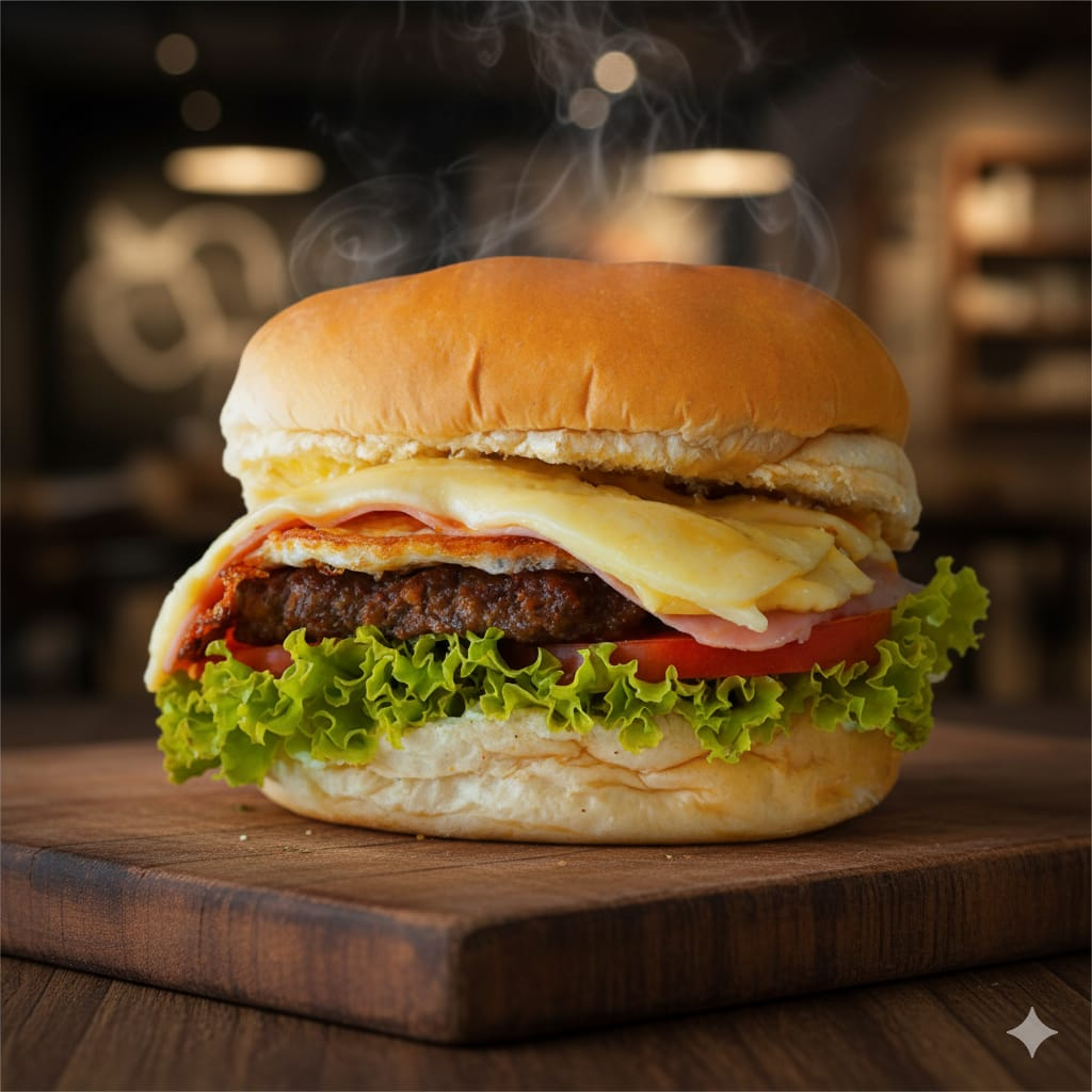 Pão de hambúrguer, hambúrguer, maionese, alface, tomate, ovo, mussarela, presunto