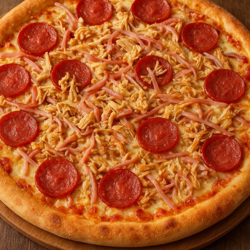 Molho De Tomate, 90g de Mussarela, Orégano, Azeitona, Tomates, Frango, Calabreza, Presunto