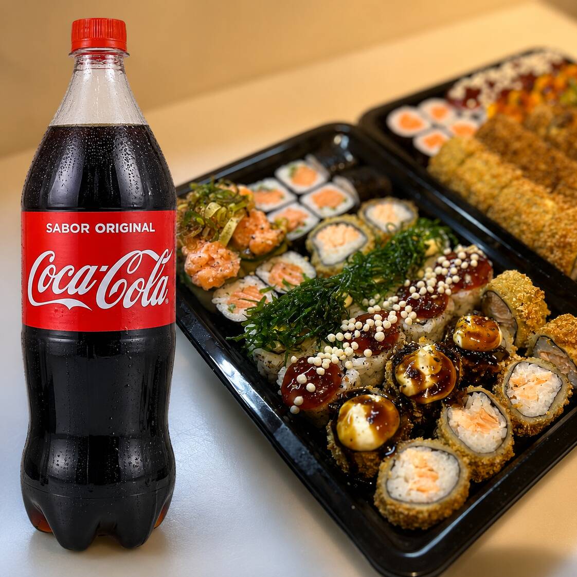 O combo perfeito para quem ama sushi de salmão fresco. Serve normalmente até 2/3 pessoas. São 30 peças, incluindo. 8 hossomaki salmão, 8 uramaki Califórnia, 10 hot Filadélfia de salmão e 4 joy Califórnia (Tira de pepino envolto no arroz + patê de salmão, molho de ervas e creme cheese profissional. Acompanhada Coca-Cola 1 Litro gelada
Acompanha 1 hashi, 4 sachês de shoyo, 5 sachês de teriyaki e um molheiro