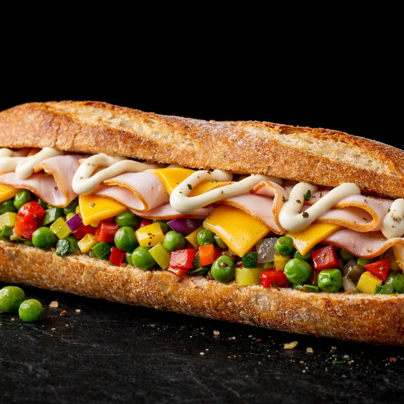 Baguete com peito de peru, cheddar vegano e seleta de legumes