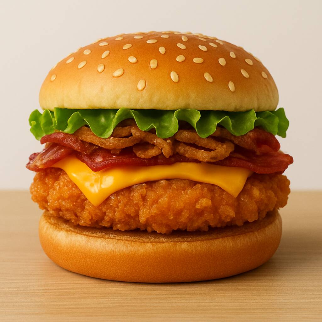 Pão com gergelim, filé de frango empanado, cebola crispy, cheddar, bacon e alface. Uma deliciosa combinação entre sabor e crocância que vai aquecer sua alma.