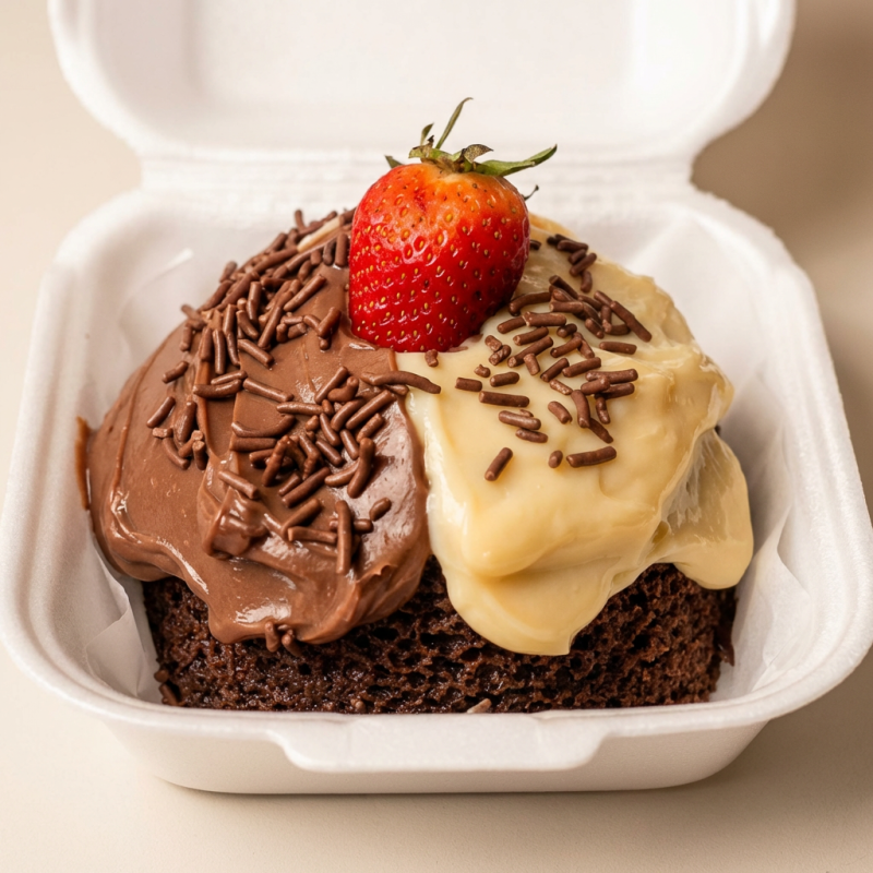 Apresentamos o 'Caseirinho Vulcão Duo', uma delícia da categoria 'Caseirinhos Vulcão'. Este prato é uma verdadeira erupção de sabores. A base é uma tentadora massa de chocolate úmida e macia, que abriga em seu centro um recheio duplamente irresistível: metade é um suculento brigadeiro de chocolate, enquanto a outra metade é um irresistível creme de leite Ninho. A cobertura é uma camada adicional de deleite, onde o prato é habilidosamente finalizado com granulado de chocolate e um toque de morangos frescos, proporcionando um equilíbrio perfeito entre doce e azedo. Uma delíci