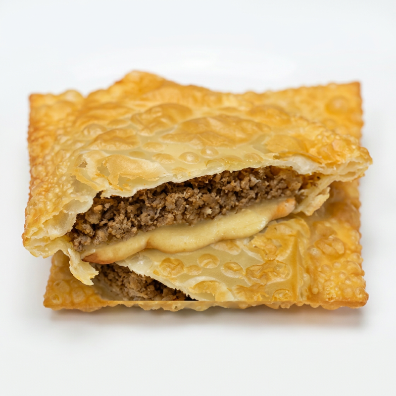Suculento pastel de carne bovina com cebolinha e queijo mussarela. Aquele mineirinho de respeito!