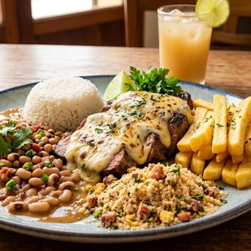 Suculenta Maminha ao queijo, acompanha feijão macassar, arroz branco soltinho, batatas fritas e farofa e uma super guaraná Antarctica de 200ml geladinha.