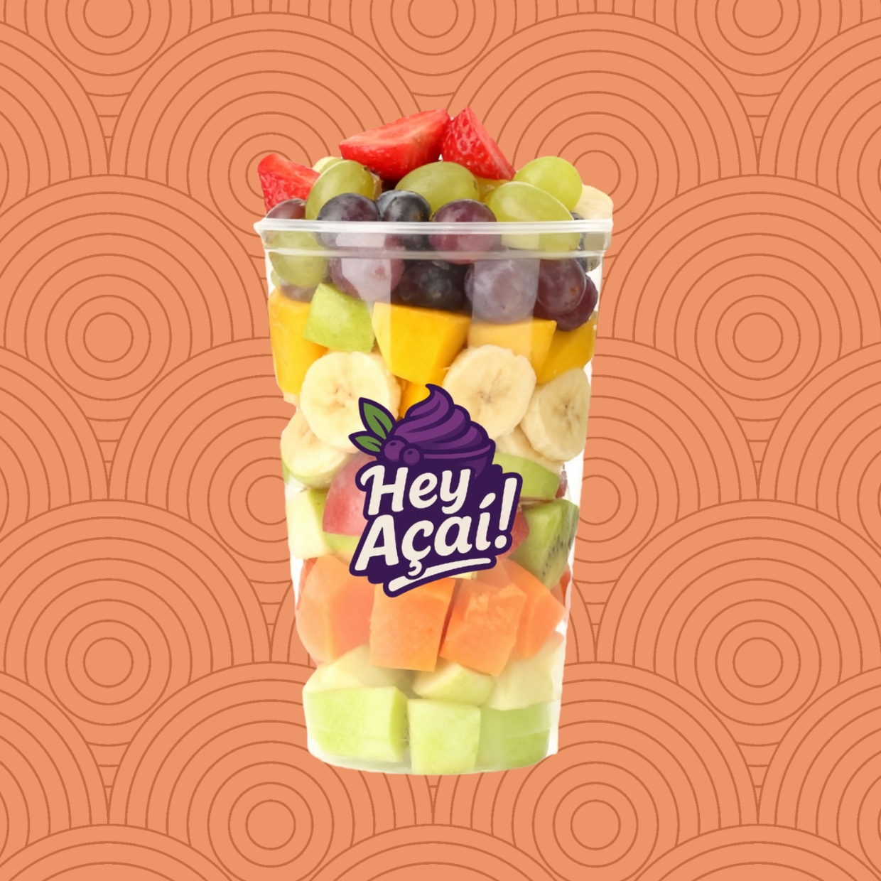 Estão inclusas as frutas: Morango, Uva verde, Uva roxa, Mamão, Pera, Manga, Maçã, Banana