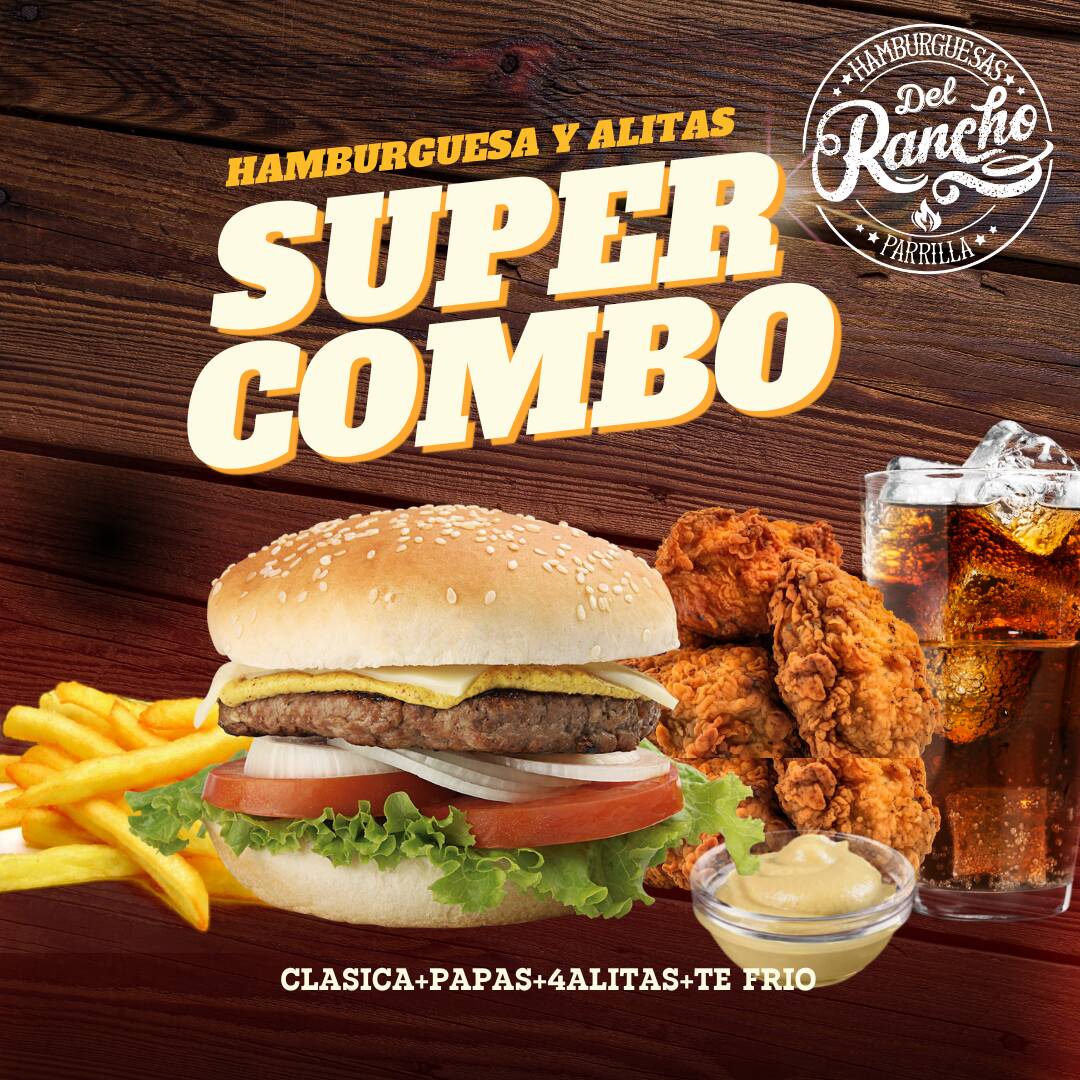 Super Combo Burger + 4 Alitas + Papas + Bebida