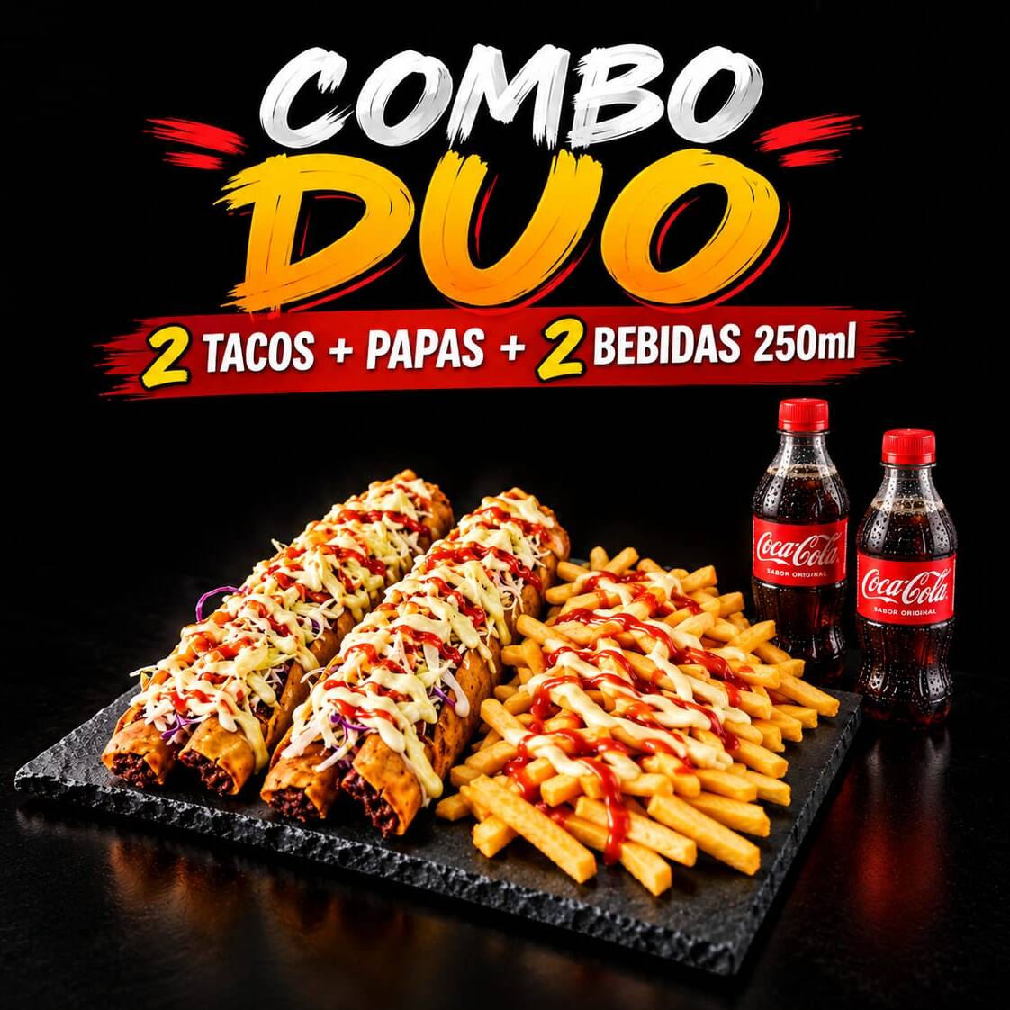 Combo Mixto 2 Tacos, Papas Fritas + 2 Coca-Cola