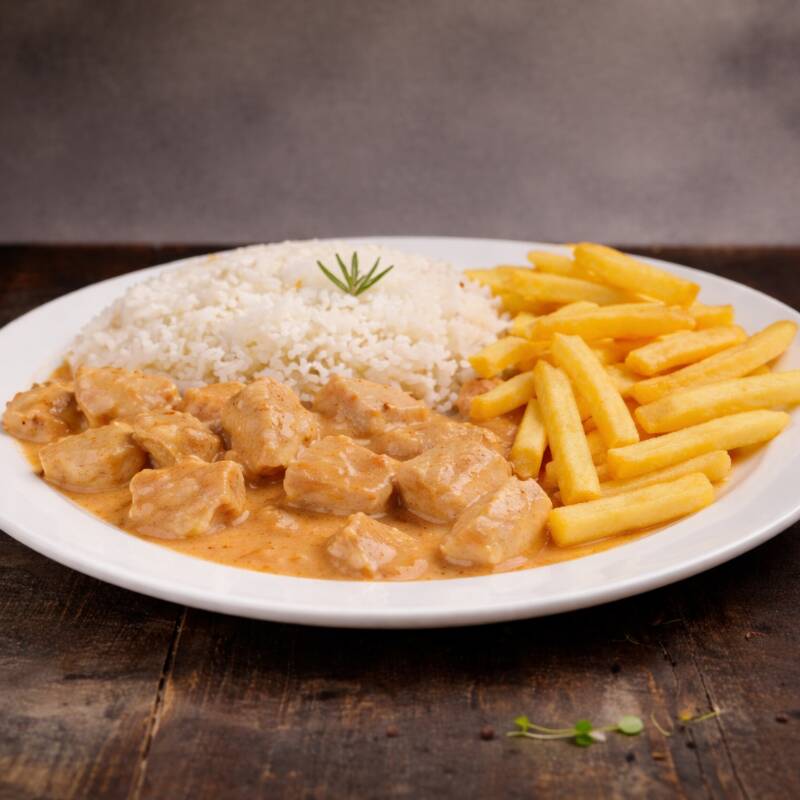 Uma marmita irresistível com Strogonoff de Frango cremoso, acompanhado de arroz soltinho e batatas fritas crocantes. O sabor caseiro e a combinação perfeita para matar a fome e alegrar o Dia!