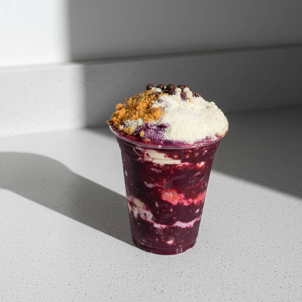 Deliciosos 400ml de açaí cremoso, acompanhados de leite em pó, paçoca triturada e Spacball crocante, criando uma combinação perfeita entre cremosidade, crocância e muito sabor. Uma opção irresistível para quem ama açaí com toppings especiais!