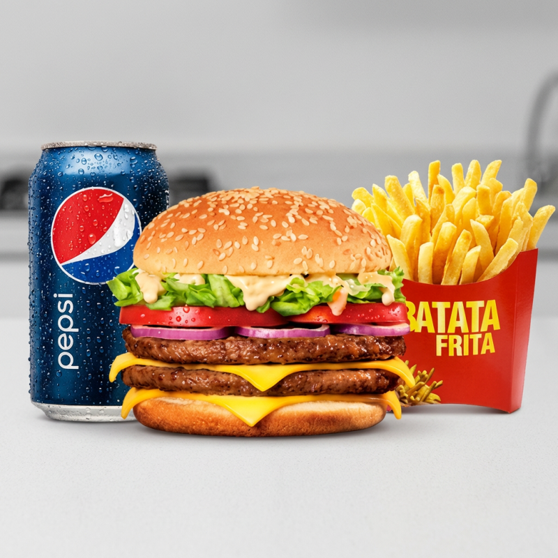 1 x duplo ( Pão, 2 carnes, 2 ovos, Queijo, presunto, calabresa, bacon, cheddar, salada, batata palha, maionese da casa, ketchup ) Porção de batata frita pequena 1 refrigerante lata Guaraná antártica ou Pepsi. (Obs: nem sempre temos as 2 opções disponíveis, vai a que estiver em estoque)