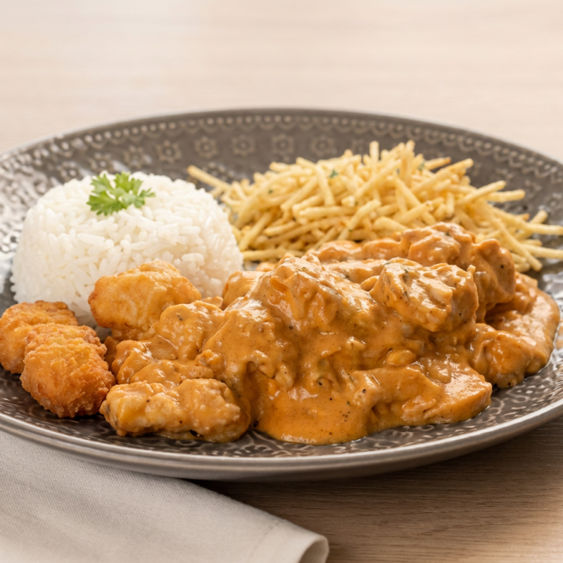 Arroz, macarrão alho e oleo, strogonoff de frango e batata palha