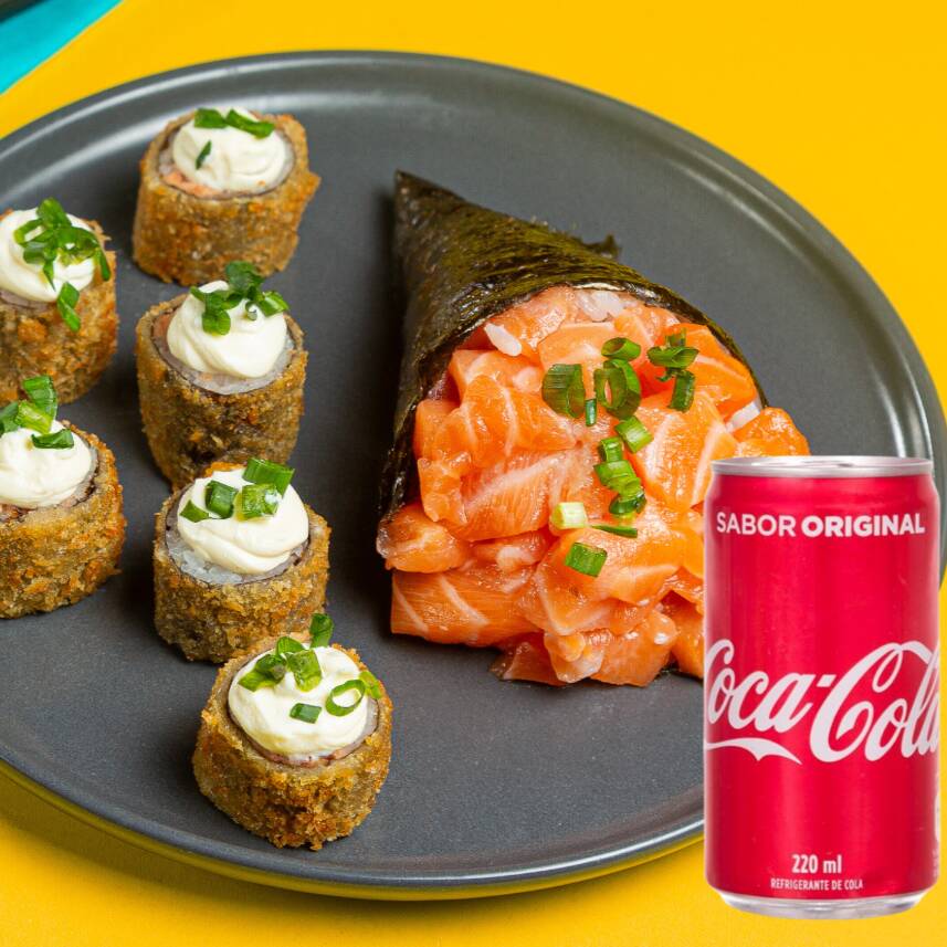 Suculento temaki, 6 Hot-roll super crocante e uma Coca-Cola geladinha (350ml).